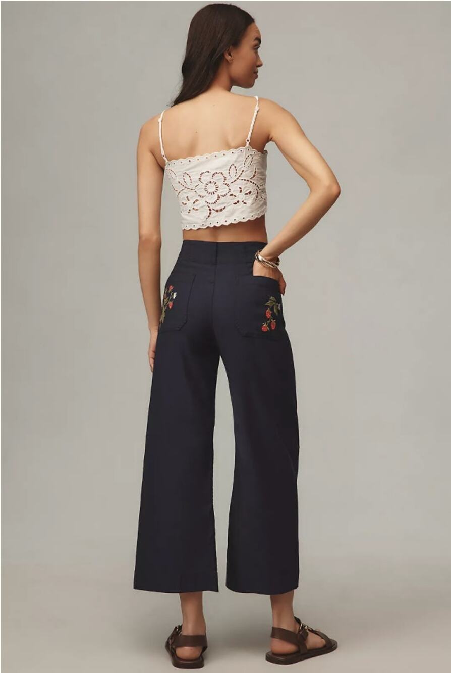 Anthropologie The Colette Embroidered Crop Wide-Leg Pants by Maeve 29 NEW